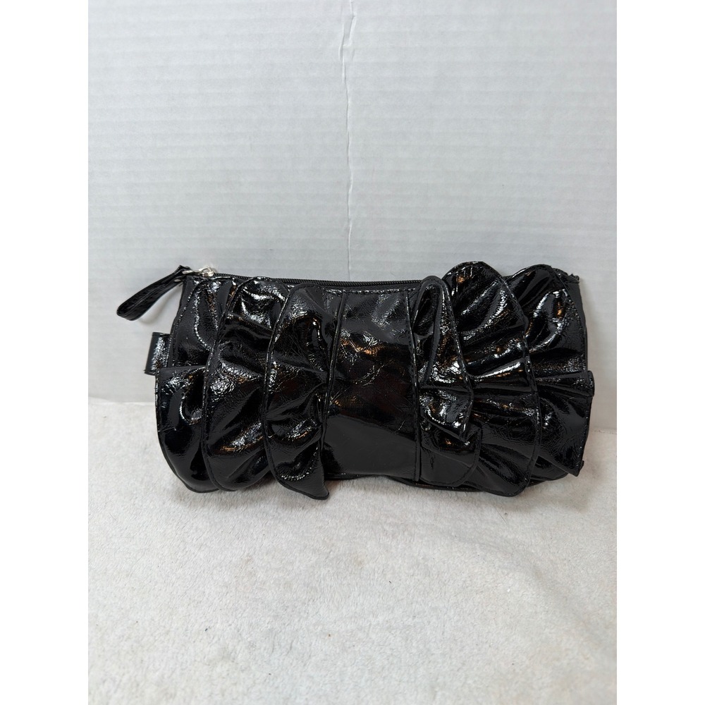 NWOT Y2K Chateau Black Patent Leather Ruffle Clutch Evening Bag Wristlet‎